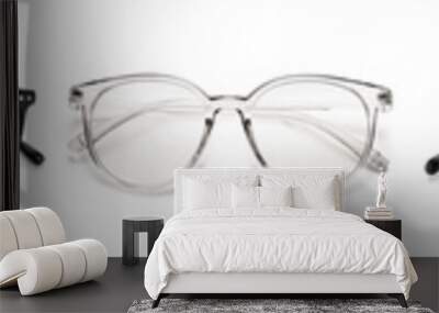 Collection of stylish eyeglasses on white background Wall mural