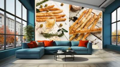 Collection of tasty Italian Grissini on light background Wall mural