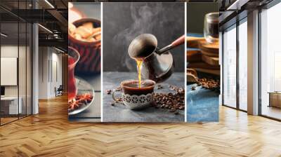 Collection of Turkish coffee, tea and traditional food on dark background Wall mural