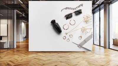 Composition with female accessories and bottle of perfume on white background, closeup Wall mural