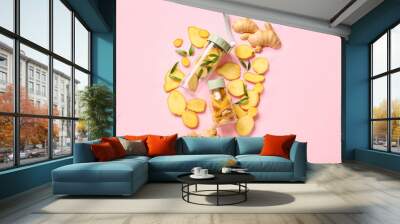 Composition with fresh ginger on color background Wall mural