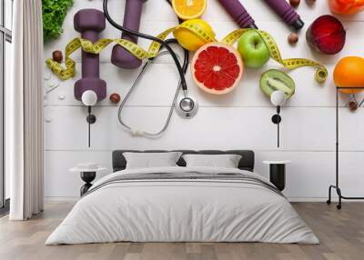 Composition with healthy products, pills, dumbbells and stethoscope on white wooden background Wall mural