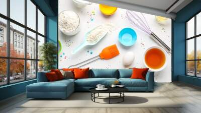 Composition with ingredients for baking pastry and utensils on light background Wall mural