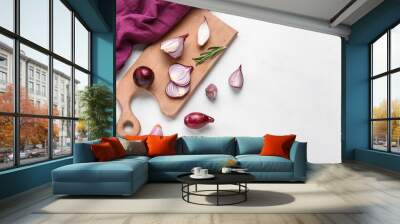 Composition with red onion on white background with space for text, top view Wall mural