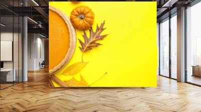 Composition with tasty pumpkin pie on color background Wall mural