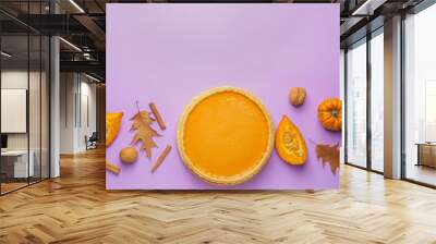 Composition with tasty pumpkin pie on color background Wall mural