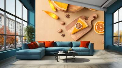 Composition with tasty pumpkin pie on table Wall mural