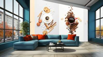 Cups of coffee and sweets on light background, top view Wall mural