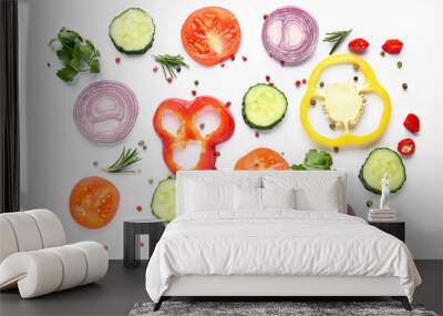 Cut vegetables, herbs and spices on white background, flat lay Wall mural