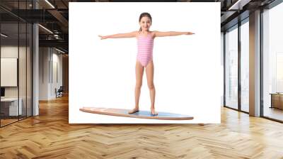 Cute little girl with surfboard on white background Wall mural