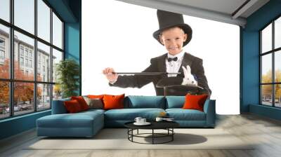 Cute little magician holding hat with rabbit on white background Wall mural