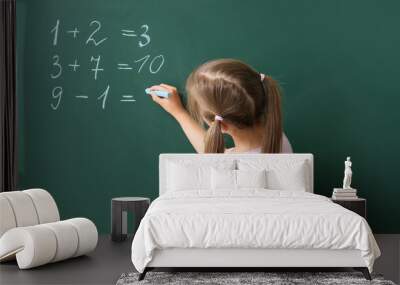 Cute little schoolgirl writing on blackboard during math lesson Wall mural