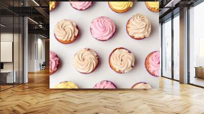 Delicious cupcakes on white background, flat lay Wall mural