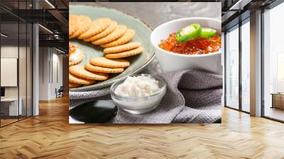 delicious jalapeno pepper jam, cottage cheese and crackers on grey wooden table Wall mural