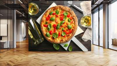 Delicious pizza with wine on table Wall mural