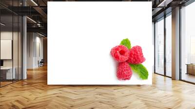 Delicious ripe raspberries with mint on white background Wall mural