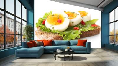 Delicious toast with boiled egg on white background Wall mural