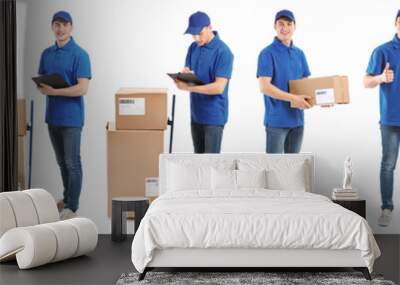 Delivery man with boxes on white background Wall mural