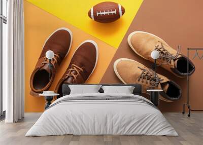 Different casual male shoes on color background Wall mural