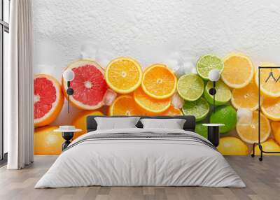 Different cut citrus fruits on white background Wall mural