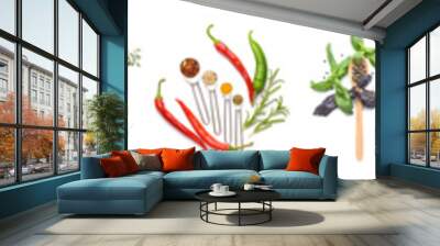 Different fresh spices, herbs and vegetables on white background Wall mural