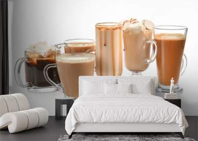 Different kinds of coffee drinks on white background Wall mural