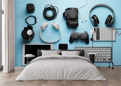 Different modern devices on color background Wall mural