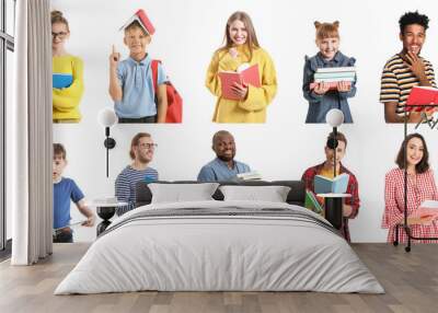 Different people with books on white background Wall mural