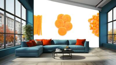 Different pieces of fresh carrot on white background Wall mural