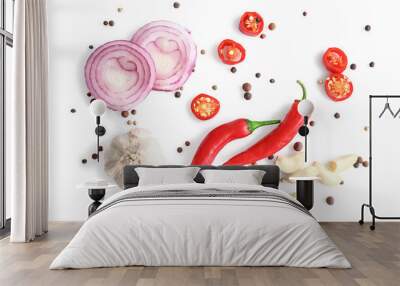 Different spices on white background Wall mural