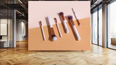 Different stylish makeup brushes on color background Wall mural