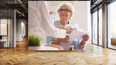 Doctor giving medicine and instruction to senior woman at home Wall mural