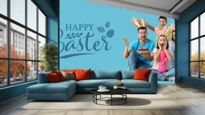 Easter banner with portrait of happy family on light blue background Wall mural