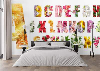 English alphabet letters with beautiful flowers on white background Wall mural