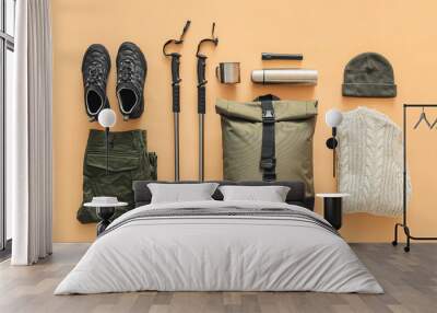 Equipment for hiking on color background Wall mural