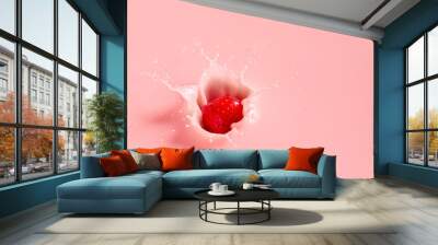 Falling of fresh strawberry into milk Wall mural