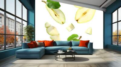 Falling ripe green pears and pieces isolated on white Wall mural