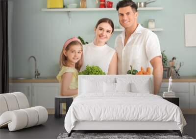 Family unpacking fresh products from market in kitchen Wall mural