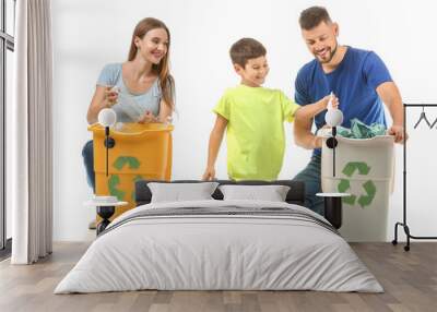 Family with containers for garbage on white background. Concept of recycling Wall mural