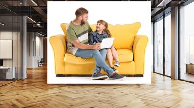 Father and daughter with laptop on sofa against white background Wall mural