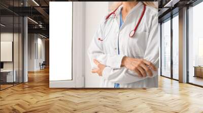 Female doctor with stethoscope in clinic, closeup Wall mural