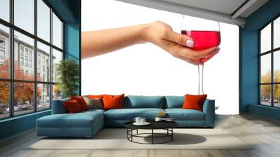 Female hand with glass of wine on white background Wall mural