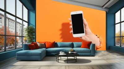 Female hand with mobile phone on color background Wall mural