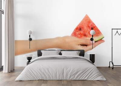 Female hand with piece of juicy watermelon on white background Wall mural