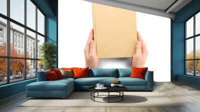 Female hands with blank book on white background Wall mural