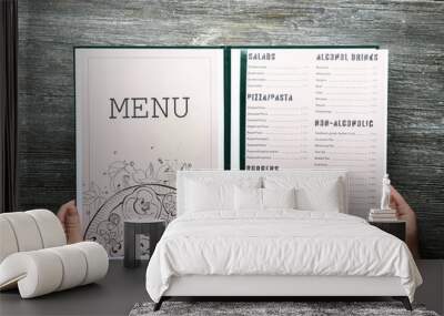 Female hands with menu on wooden table Wall mural