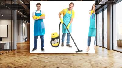 Female janitor on white background Wall mural