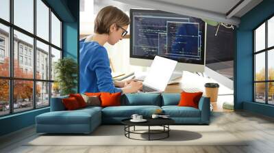 Female programmer working with laptop in office Wall mural