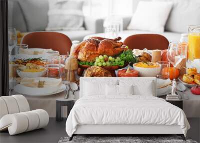 Festive table setting with tasty food for Thanksgiving Day in room, closeup Wall mural