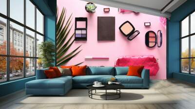 Flat lay composition with cosmetics, accessories and passport on color background Wall mural